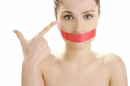 simsearch:400-04175955,k - Beautiful woman with red tape on mouth portrait isolated on white Stock Photo - Budget Royalty-Free & Subscription, Code: 400-04129621