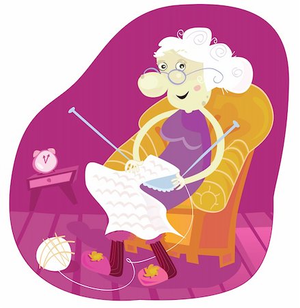 Gradmother sitting in armchair and knitting. Vector Illustration. Foto de stock - Super Valor sin royalties y Suscripción, Código: 400-04121486