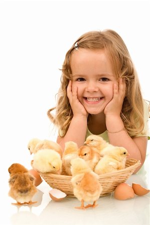 Happy little girl with a basket full of baby chickens - isolated Stock Photo - Budget Royalty-Free & Subscription, Code: 400-04123017