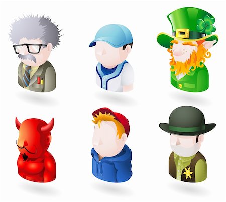 An avatar people web or internet icon set series. Includes a scientist or teacher, a baseball player, an irish leprechaun, a devil or satan, a boy or teenager in a hooded top, and a sheriff or cowboy Stock Photo - Budget Royalty-Free & Subscription, Code: 400-04123360