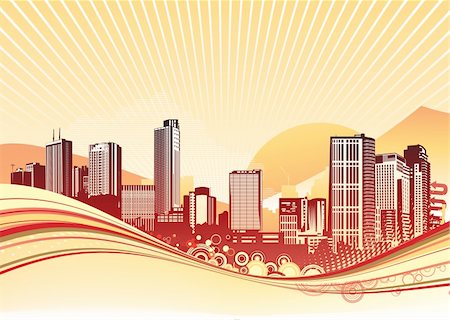 Vector illustration of Big City. Orange urban background with abstract composition of dots and curved lines. Stock Photo - Budget Royalty-Free & Subscription, Code: 400-04123762