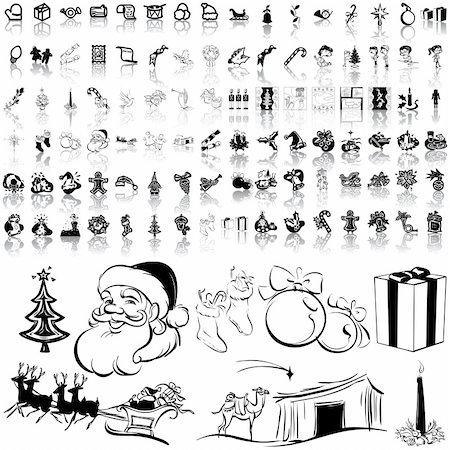 retro woman with christmas presents - Christmas set of black sketch. Part 6. Isolated groups and layers. Stock Photo - Budget Royalty-Free & Subscription, Code: 400-04135067