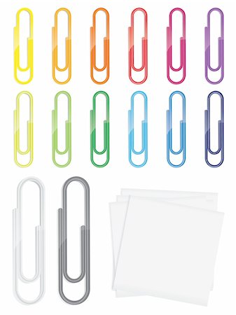 Many detailed glossy paperclips in various colors with blank notepapers Stock Photo - Budget Royalty-Free & Subscription, Code: 400-04135370