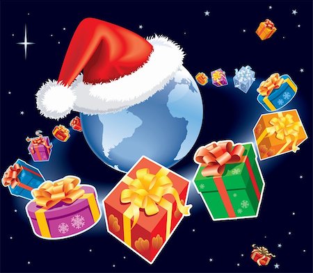 Christmas gifts are flying around earth globe with Santa Claus cap. The base map is from Central Intelligence Agency Web site. Stock Photo - Budget Royalty-Free & Subscription, Code: 400-04135653