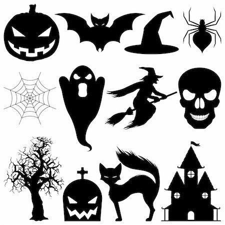 Set of 12 vector halloween elements. Black silhouettes, isolated on white background. Stock Photo - Budget Royalty-Free & Subscription, Code: 400-04136249