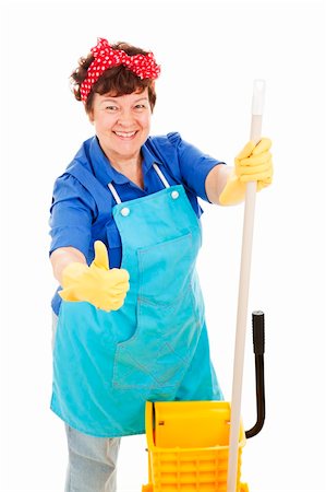 female janitor - Maid holding her mop and giving a thumbs up for cleanliness.  Isolated on white. Stock Photo - Budget Royalty-Free & Subscription, Code: 400-04138393