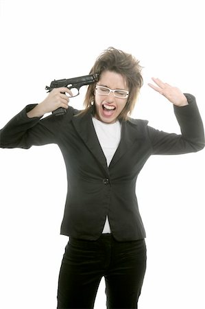 simsearch:400-04131198,k - Businesswoman with messy hair and handgun over white studio background Stock Photo - Budget Royalty-Free & Subscription, Code: 400-04130139