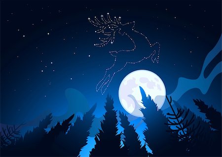 A Clear moonlit winter sky reveals star constellations including a reindeer. Vector illustration Stock Photo - Budget Royalty-Free & Subscription, Code: 400-04144340