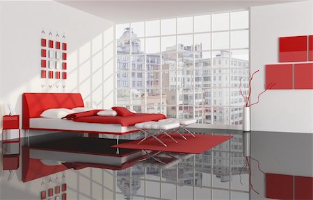 pillow illustration - red white and black bedroom -rendering -the image on background is a my photo Stock Photo - Budget Royalty-Free & Subscription, Code: 400-04144341