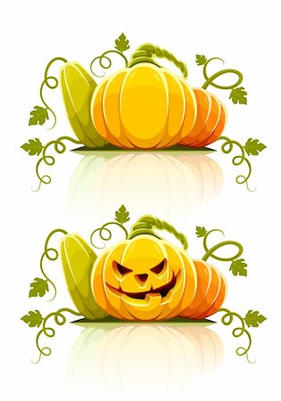 halloween pumpkin vegetables with green leaves - vector illustration Stock Photo - Budget Royalty-Free & Subscription, Code: 400-04144372