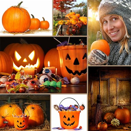 Halloween and autumn collage of pumpkins, candies and foliage Stock Photo - Budget Royalty-Free & Subscription, Code: 400-04145793