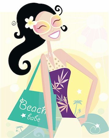 simsearch:400-04135676,k - Beautiful diva with shopping bag on the beach. Vector Illustration. Stock Photo - Budget Royalty-Free & Subscription, Code: 400-04148949