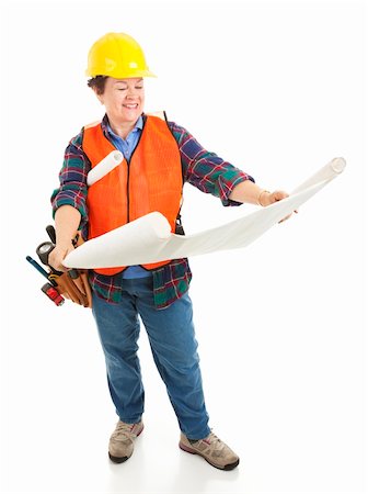 plumber (female) - Female construction worker reviewing building plans.  Full body isolated on white. Stock Photo - Budget Royalty-Free & Subscription, Code: 400-04156990