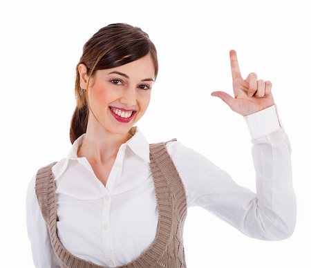 simsearch:400-04158321,k - Beautiful young model raising her hand up and showing two fingers on a white isolated background Stock Photo - Budget Royalty-Free & Subscription, Code: 400-04158264