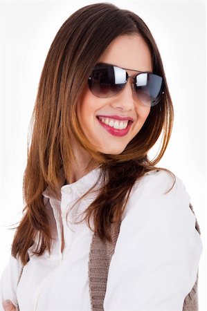 simsearch:400-04158321,k - Young brunette model smiling with sunglasses on a white background Stock Photo - Budget Royalty-Free & Subscription, Code: 400-04158267