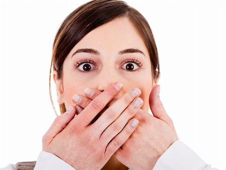 simsearch:400-04158321,k - Closeup of young women covering her mouth with both hands on a white isolated background Stock Photo - Budget Royalty-Free & Subscription, Code: 400-04158263