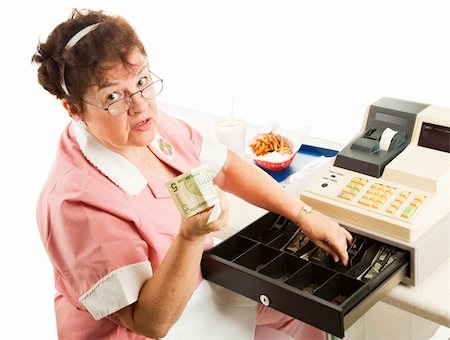 fat distress - Cashier in a restaurant handing you your change.  Isolated on white. Stock Photo - Budget Royalty-Free & Subscription, Code: 400-04153214