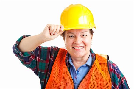 plumber (female) - Friendly female construction worker tips her hard hat.  Closeup portrait solated on white. Stock Photo - Budget Royalty-Free & Subscription, Code: 400-04153219