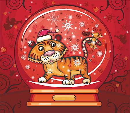 Cute friendly tiger, wearing Santa cap, with candy cane tale. Inside of the snow-dome. 2010 is the Year of the tiger according to the Chinese Zodiac. Stock Photo - Budget Royalty-Free & Subscription, Code: 400-04153324