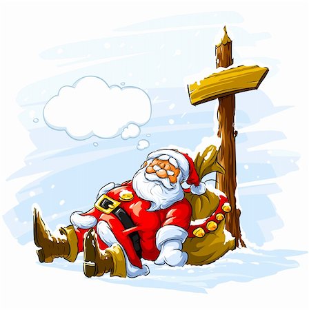 Santa claus sleeping near the post with arrow sign and big sack of Christmas gifts - vector illustration Stock Photo - Budget Royalty-Free & Subscription, Code: 400-04153707