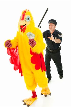 Chicken man holding stolen cash and running from a police officer.  Isolated on white. Stock Photo - Budget Royalty-Free & Subscription, Code: 400-04153938