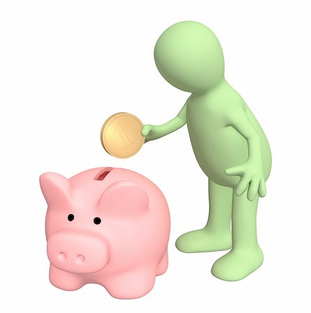 simsearch:400-04084846,k - 3d puppet who is saving money in piggy bank. Object over white Stock Photo - Budget Royalty-Free & Subscription, Code: 400-04164115