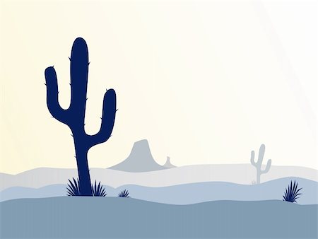 Scene with desert cactus plant, weeds and mountains. Sunset in desert in retro style. Vector Illustration. Foto de stock - Super Valor sin royalties y Suscripción, Código: 400-04166752