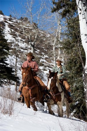 Man and young woman riding horses up a snowy hill on a country landscape Vertical shot. Stock Photo - Budget Royalty-Free & Subscription, Code: 400-04169409