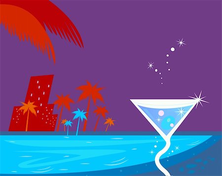 Ice cocktail, palms, night town and water pool. Stylized vector illustration in retro style. Stock Photo - Budget Royalty-Free & Subscription, Code: 400-04169789