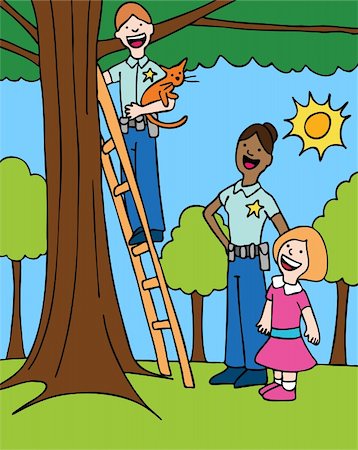 female police officer happy - Officer rescues a cat from a tree for a little girl. Photographie de stock - Aubaine LD & Abonnement, Code: 400-04160487