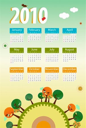 simsearch:400-06327292,k - Calendar 2010 environmental retro planet with trees,birds,flowers and clouds Stock Photo - Budget Royalty-Free & Subscription, Code: 400-04161591