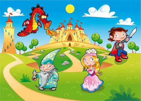 simsearch:400-05724251,k - Medieval Age - Princess, Prince, Dragon, Magician Funny cartoon illustration with background. Stock Photo - Budget Royalty-Free & Subscription, Code: 400-04162895
