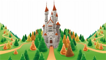 fantasy mountain castle - Medieval castle in the land. Cartoon and vector illustration Stock Photo - Budget Royalty-Free & Subscription, Code: 400-04163145