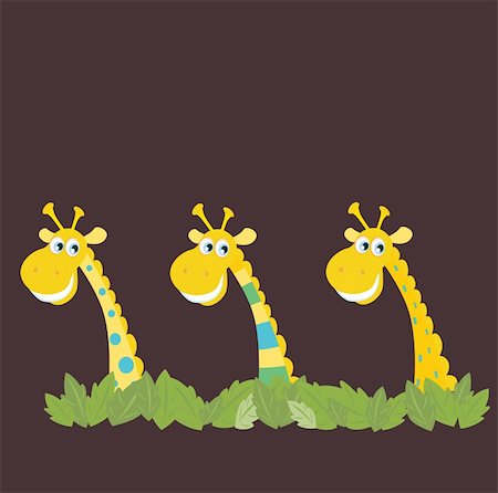 simsearch:400-04382902,k - Yellow safari giraffes behind jungle leafs. Vector cartoon illustration of funny animals in retro style. Stock Photo - Budget Royalty-Free & Subscription, Code: 400-04174685