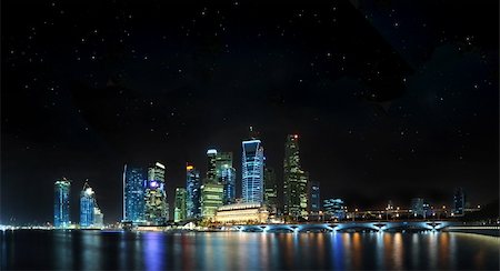 simsearch:400-05706130,k - Beautiful cityscape of Singapore CBD on a clear night with stars and reflection off water. Stock Photo - Budget Royalty-Free & Subscription, Code: 400-04174727