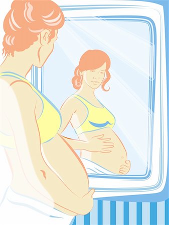 pot belly - illustration drawing of a pregnant women against a mirror Foto de stock - Super Valor sin royalties y Suscripción, Código: 400-04176683