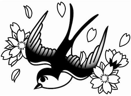 A tattoo-style drawing of a bird and cherry blossoms. Stock Photo - Budget Royalty-Free & Subscription, Code: 400-04177108