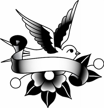 flying bird image black white - A tattoo-style drawing of a bird, flower and banner. Stock Photo - Budget Royalty-Free & Subscription, Code: 400-04177156