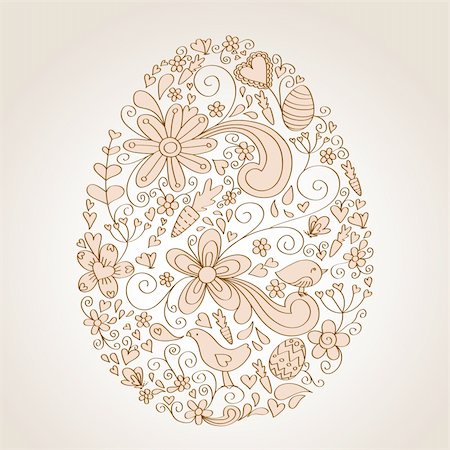 simsearch:400-04876274,k - Egg shape hand-drawn greeting card design with floral, bird and vine elements.  Colors are grouped and easily editable. Stock Photo - Budget Royalty-Free & Subscription, Code: 400-04177194