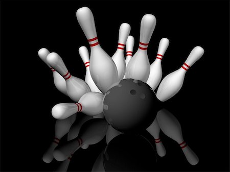 path concept nobody - 3D render illustration of a bowling strike  with reflection on black background. Stock Photo - Budget Royalty-Free & Subscription, Code: 400-04177860