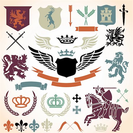 Heraldry Icon Vector Set.  Colors are easily editable. Stock Photo - Budget Royalty-Free & Subscription, Code: 400-04177957