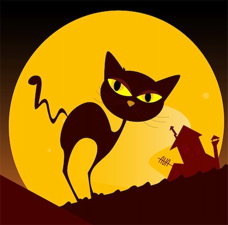 spooky night scene moon - Spooky cat silhouette, old house mansion and yellow sunset in background. Vector Illustration. Stock Photo - Budget Royalty-Free & Subscription, Code: 400-04178954