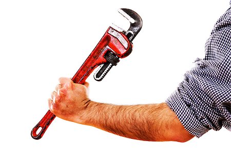 pipe wrench - Stock image of man holding red pipe wrench, isolated on white. Stock Photo - Budget Royalty-Free & Subscription, Code: 400-04171311