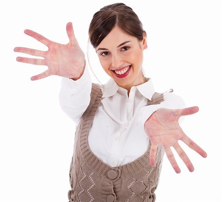 simsearch:400-04158321,k - Portrait of women showing her hands wide open on a white background Stock Photo - Budget Royalty-Free & Subscription, Code: 400-04171448