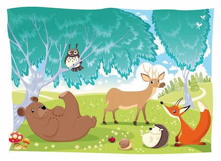 Animals in the wood. Funny cartoon and vector illustration Stock Photo - Budget Royalty-Free & Subscription, Code: 400-04184520