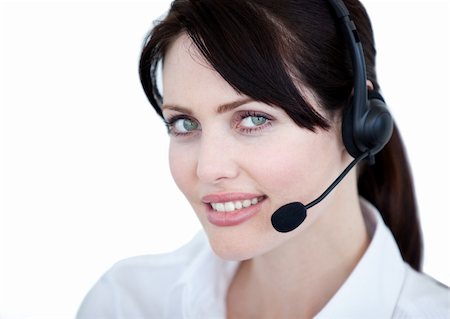 simsearch:400-05287143,k - Portrait of sales representative woman with an headset against white background Stock Photo - Budget Royalty-Free & Subscription, Code: 400-04185752