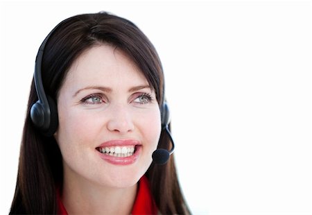 simsearch:400-05287143,k - Brunette sales representative woman with an headset against white background Stock Photo - Budget Royalty-Free & Subscription, Code: 400-04185760