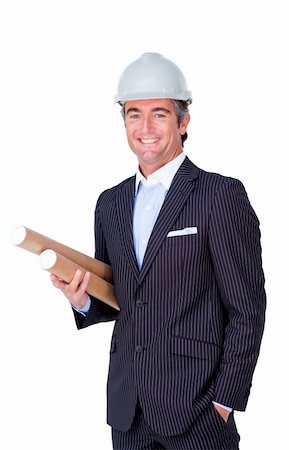 Confident architect holding blueprints against a white background Stock Photo - Budget Royalty-Free & Subscription, Code: 400-04187146