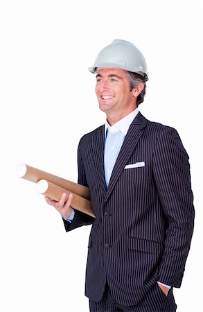 Smiling architect wearing a hardhat isolated on a white background Stock Photo - Budget Royalty-Free & Subscription, Code: 400-04187147