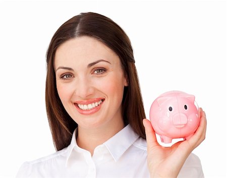simsearch:400-04184165,k - Smiling businesswoman saving money in a piggybank in the office Stock Photo - Budget Royalty-Free & Subscription, Code: 400-04187474